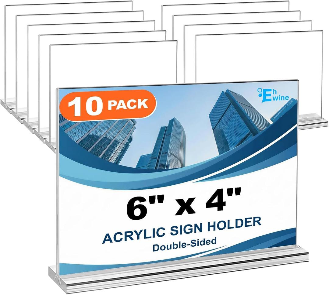 EHWINE 10 Pack Acrylic Sign Holder 4 x 6 Horizontal, Double-Sided Clear Stand up Table Top Sign Holders, Acrylic Picture Frame Menu Flyer Paper Holder Display Stand for Office Business Store Wedding Party