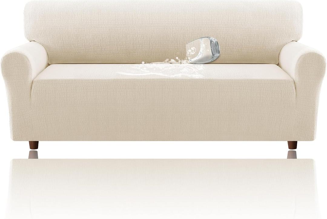 H.VERSAILTEX Jacquard Sofa Slipcover with Waterproof Seat Furniture Protector 1 Piece Stretch Sofa Covers with Elastic Bottom for Kids, Pets, Dog(Sofa, Ivory)