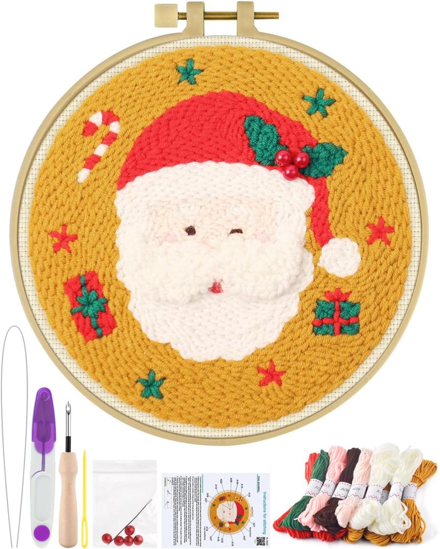 ERKOON Christmas Punch Needle Kit Adults Beginners, DIY Easy Christmas Embroidery Set for Starter Art Craft, Needling Punch Project with Patterns, Tools, Yarns, Hoop, Instruction (Santa Claus)