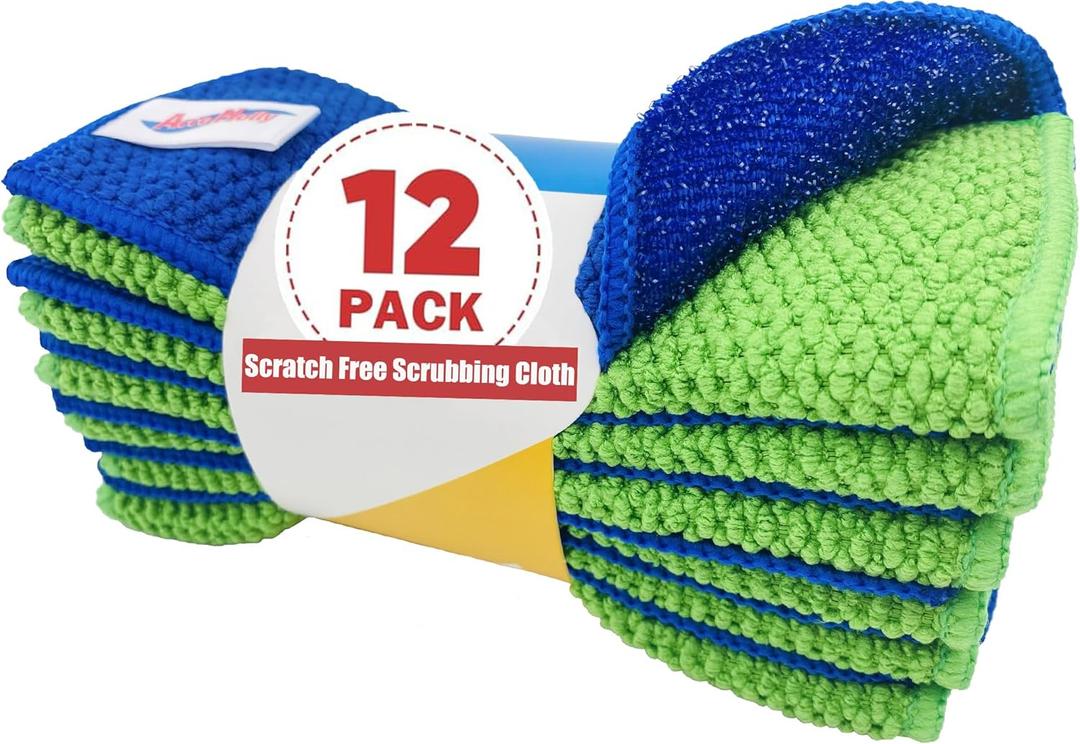 12-Pack Reusable, Scrub Dish Cloth Non-Scratch Microfiber Scrubber, Planet-Friendly, Easy Rinsing, Quick Dry, Dishwasher Safe Cloth for Kitchen & Household, 5.5 x 5.5 Inch, Blue & Green Assorted