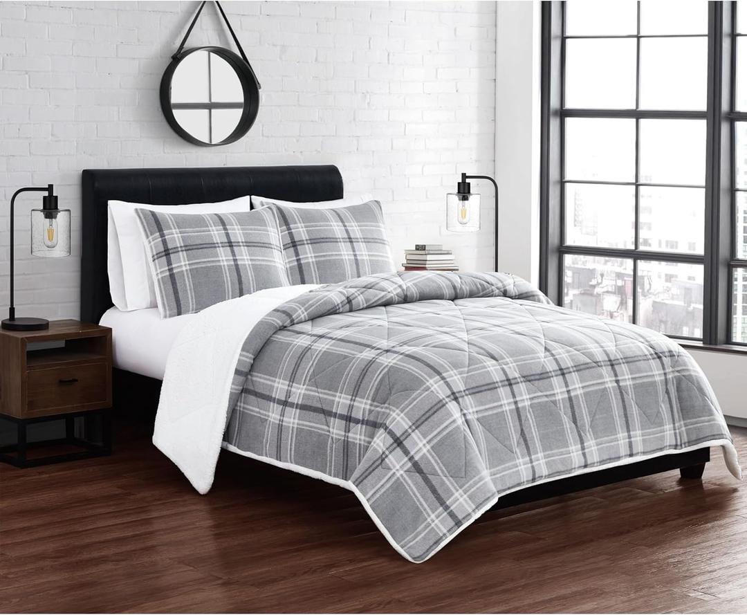 CANNON Cozy Teddy Grey Polyester 2-Piece Twin XL Comforter Set, Plaid, 100% Polyester, for Men and Women, Oeko-TEX Certified Confidence