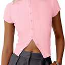 Womens Short Sleeve Sweater Tops Crew Neck Button Casual Summer Sweaters Ribbed Knit Cropped Cardigans (Pink, M)