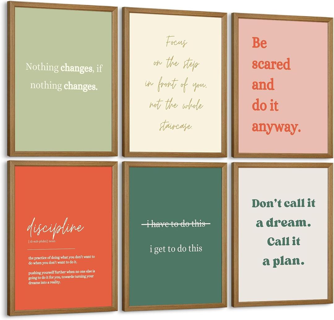 Office Wall Art Motivational Posters Inspirational Quote Canvas Wall Decor Office Positive Pictures Inspirational Classroom Art Motivational Work Prints for Gym Home 8x10 Inch Framed Set of 6