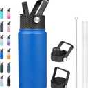 BJPKPK Insulated Water Bottles with Straw Lid, 18oz Stainless Steel Metal Water Bottle, Cold Hot Thermos with 3 Lids, Leak Proof BPA Free Travel Cup, Wide Mouth Flasks, Thermos -Sapphire