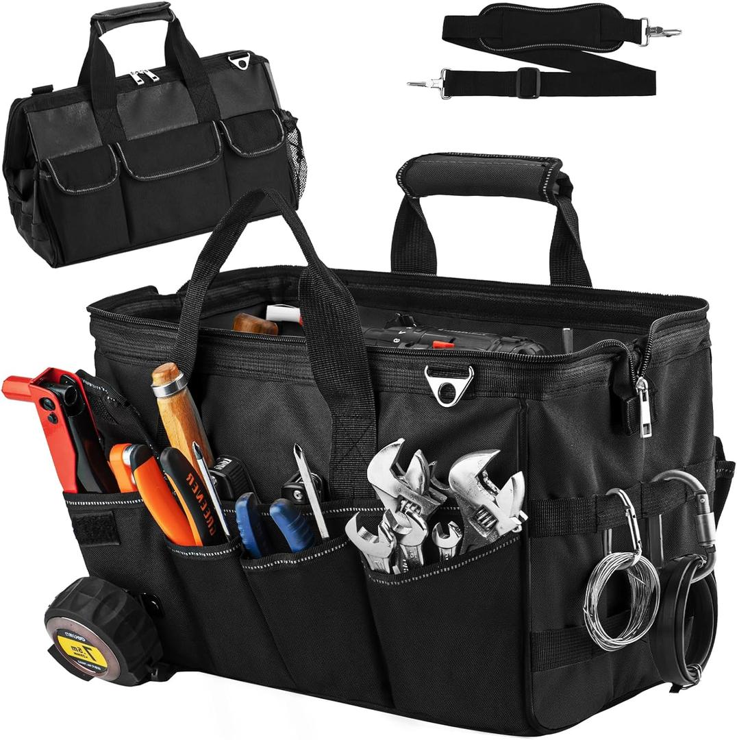 Tool Bag, Heavy Duty Tool Bag 16-Inch, Portable Tool Bags Organizer, Waterproof Soft Handle & Padded Large Zipper Carrying, Black