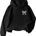 COZYEASE Girl's Letter Camo Graphic Hooded Sweatshirt Long Sleeve Drop Shoulder Hoodie 2025 Fall Outfits Pullover Tops (Bow Black)  Size 10Y