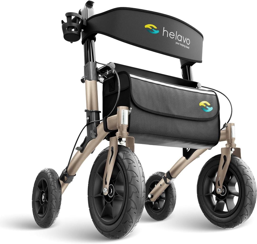 Helavo All Terrain Walker Rollator with 12 Pneumatic Tires Foldable Outdoor Walkers for Seniors with Seat, Lightweight & Adjustable Height, Shock-Absorbing for Comfort on Any Surface