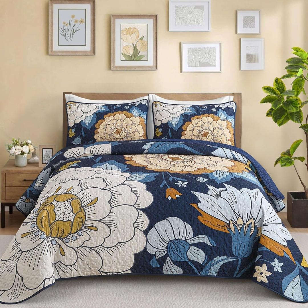 Navy Floral Quilt Set King Size Boho Bedspread Coverlet Set, 3 Piece Botanical Quilt Soft Microfiber Blue Floral Bohemian Bedding Set with 2 Pillowcases for All Season, 110''x90''