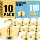 VNDUEEY Magnetic Hooks Heavy Duty, 110 Lbs Super Neodymium Metal Hooks for Hanging, Strong Magnets with Hook for Fridge, Cruise Magnet Hooks for Coat, Banner, Toolbox, and Storage (Gold, Pack of 10)