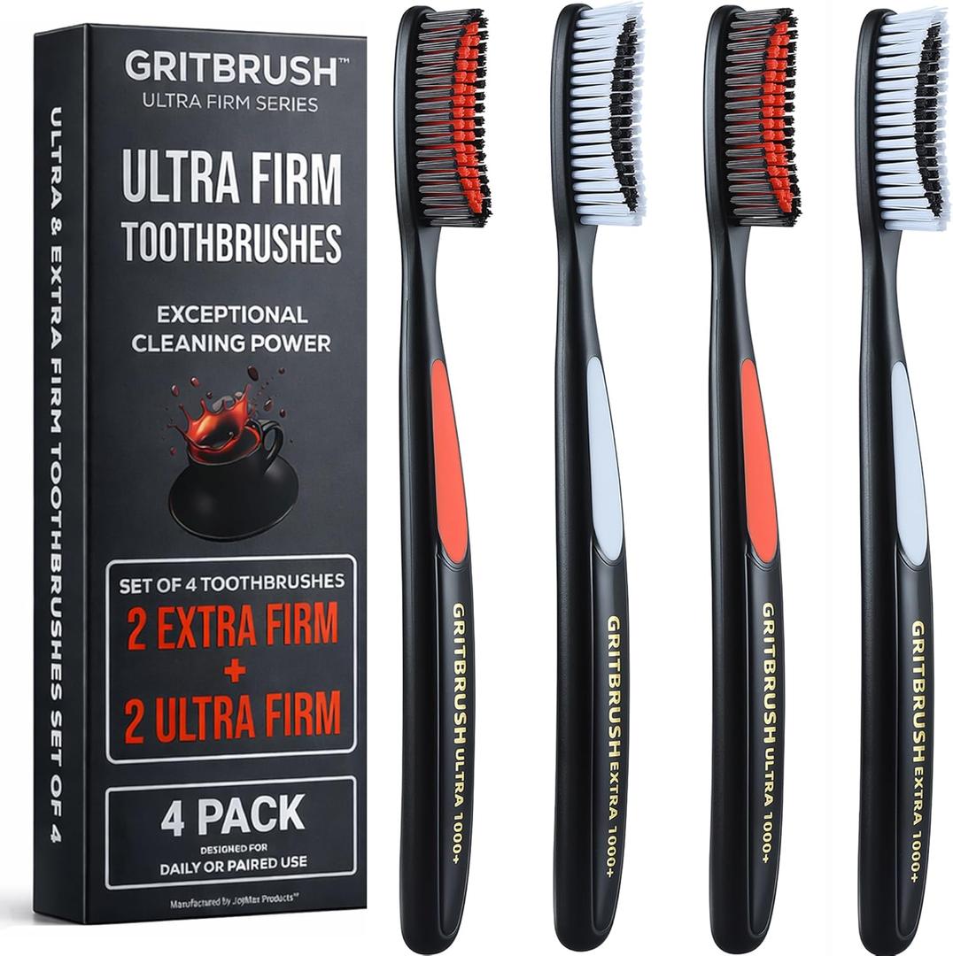 GRITBRUSH Firm Toothbrushes for Adults Hard & Extra Hard Bristles, Dual Stiffness Manual Toothbrush Set, Deep Cleaning, 4 Pack