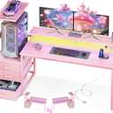 AODK 59 Inch Gaming Desk with USB Charging Ports & LED Light- Reversible Computer Desk with Storage Shelves & Monitor Stand, Modern Gamer Desk Table with Fabric Drawers & Side Hook, Carbon Fiber Pink