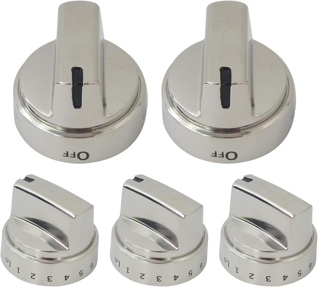 New 5 Pcs WB03X24818 Stove Knob Replacement Fit for GE Gas Stoves JGBS66REK3SS JGBS66REK4SS, Replace AP5989029, PS11729081, Reinforced D-Shape Hole, Silver