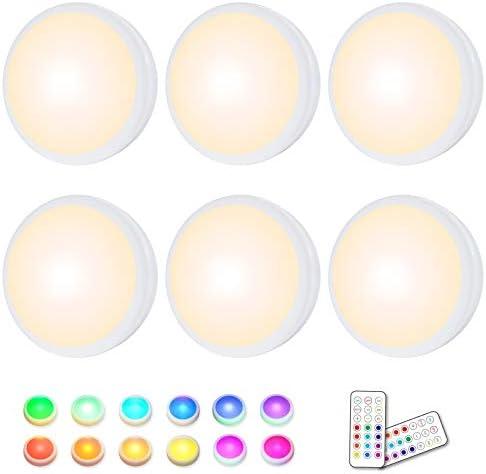 HELPLEX LED Puck Lights with Remote, 6 Pack Color Changing RGBW Stick-On Light, Battery Powered, Dimmable Under Cabinet Lighting with Timer & Memory, Wireless Push Lights for Kitchen & Closet