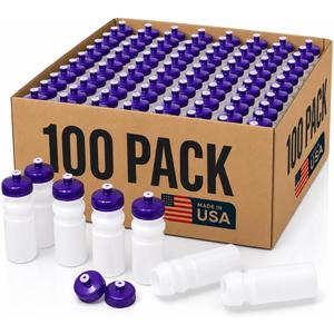 Reusable Bulk Water Bottles 100 Pack - 20 Oz Sports Water Bottles, USA Made, BPA-Free, Wide Mouth for Easy Cleaning, Dishwasher Safe, Break Resistant