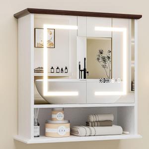 Bathroom Medicine Cabinet with Mirror, Lighted Storage Cabinet Wall Mounted with Doors & Adjustable Wood Shelf, Modern Bathroom Mirror with LED Lights Defogger for Makeup Laundry/Living Room, White