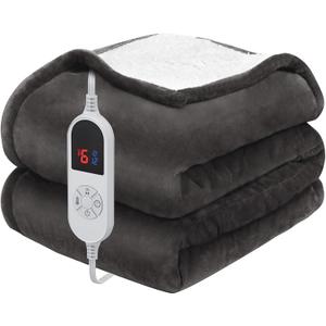 HOW'S MY HOUSE Heated Blanket Throw 50" x 60", Electric Blanket with 12 Time Settings & 6 Heating Levels, Over-Heat Protection, Flannel Sherpa Super Cozy with ETL Certification, Gray