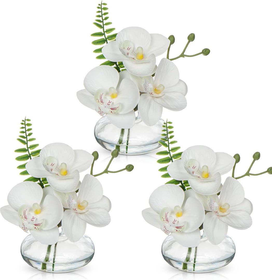 Oairse White Orchids Artificial Flowers Faux Orchids Arrangement in Clear Glass Vases Set of 3 Real Touch Phalaenopsis Orchid Flowers Small Fake Orchid Centerpiece for Dining Room Table