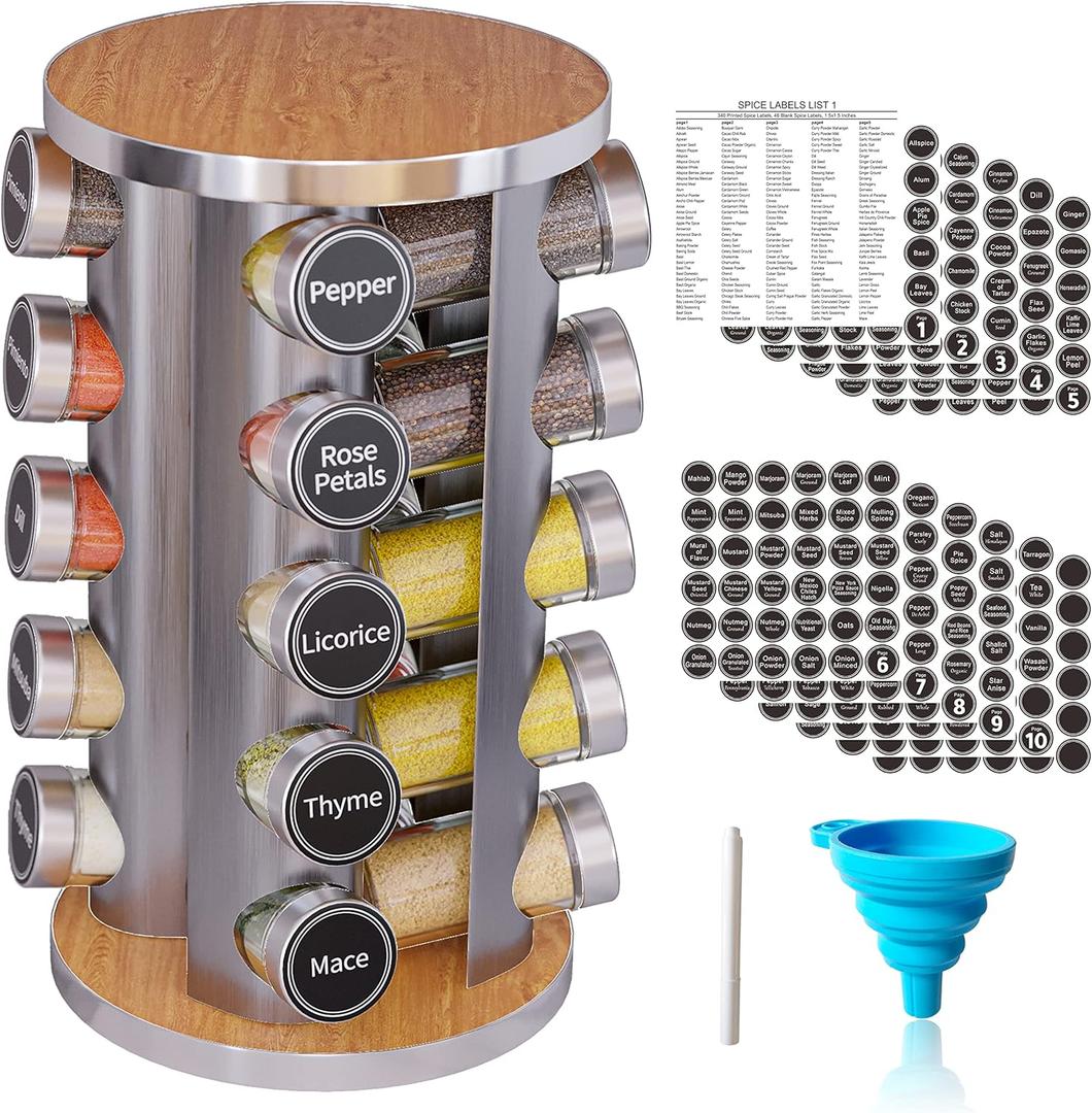 Revolving Spice Rack Set with 20 Spice Jars, Kitchen Spice Tower Organizer for Countertop or Cabinet -- Carousel Storage Includes 386 Spice Labels -- Desktop Rotating Seasoning Organizer (Wood)