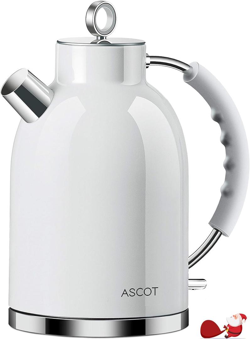 ASCOT Electric Kettle, Stainless Steel Tea Boiler 1.6qt 1500W Retro Tea Heater & Boiling Kettle, Auto Shut-Off and Boil-Dry Protection(White)