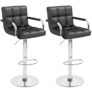 Gentlemoods Modern PU Leather Bar Stools Set of 2, Adjustable Swivel Square Bar Chairs, Counter Height Barstools with Arms and Large Base for Island/Kitchen (Black)