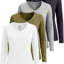 Real Essentials 4 Pack: Womens Cotton Long Sleeve V-Neck T-Shirts Soft Casual Lounge Tee Tops (Small)