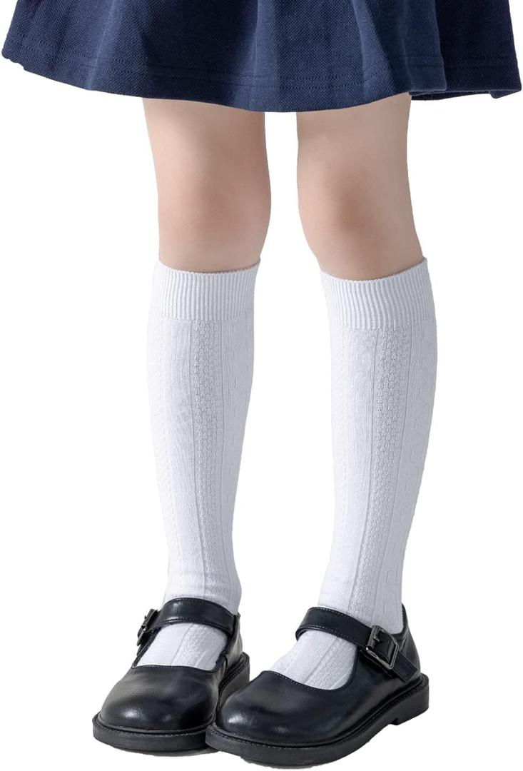 Marchare Girls Knee High Socks Kids Boys School Uniform Seamless Cable Knit Cotton Socks Stockings White Black Navy 3/6 Pack (White)