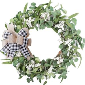 Artificial Eucalyptus Wreath for Front Door|20" Green Leaf Wreath for Window Home Porch Farmhouse Patio and Garden Indoor Outdoor Decor with Bow for Spring Summer Fall Winter