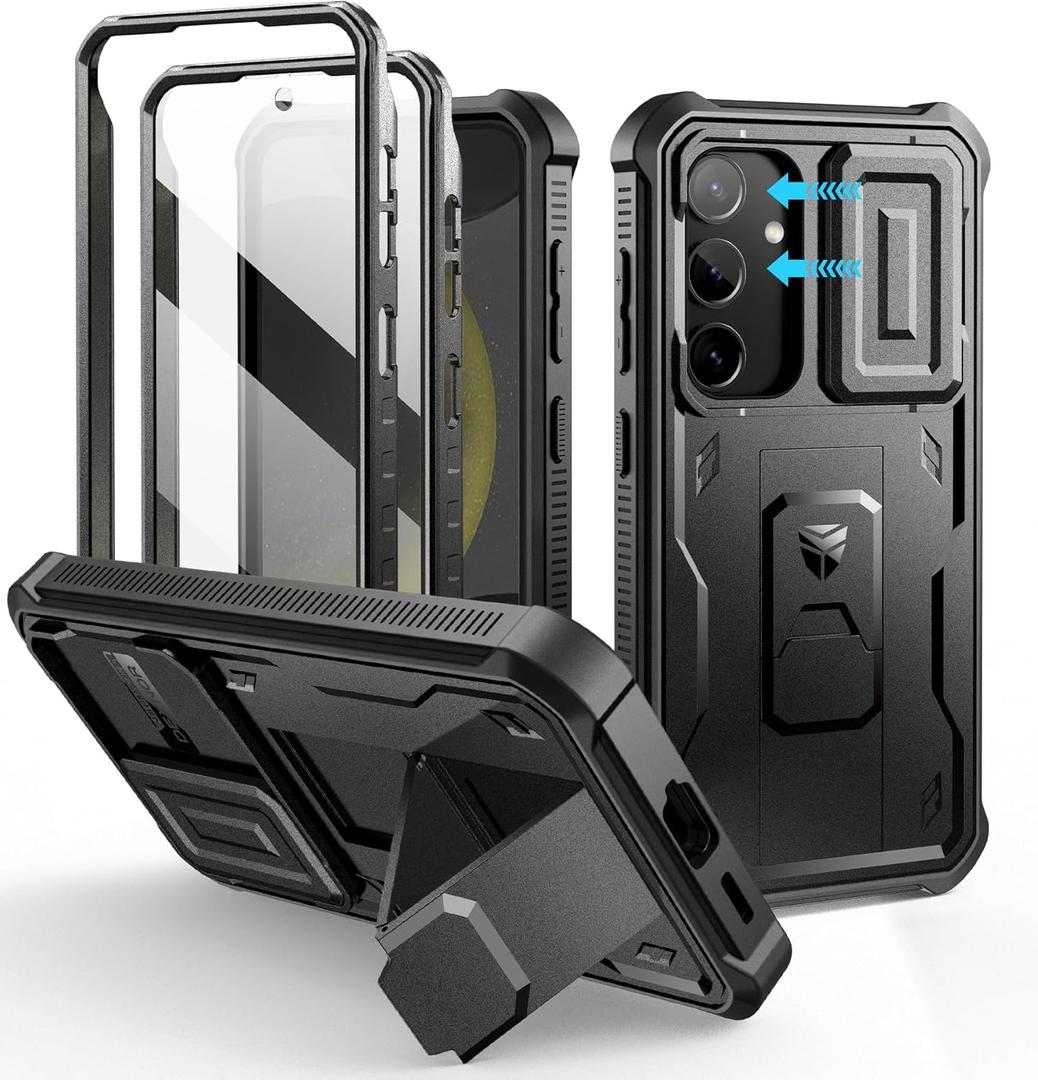 Dexnor for Samsung Galaxy S24 Case with Built-in Slide Camera Cover & Screen Protector & Kickstand, Heavy-Duty Shockproof Rugged Case Full-Body Bumper Protective Cover for Galaxy S24 (2024),Black
