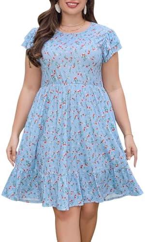 Keluummi Plus Size Wedding Guest Midi Dresses for Curvy Women, Summer Casual A-Line Sundress with Pockets, Size 22