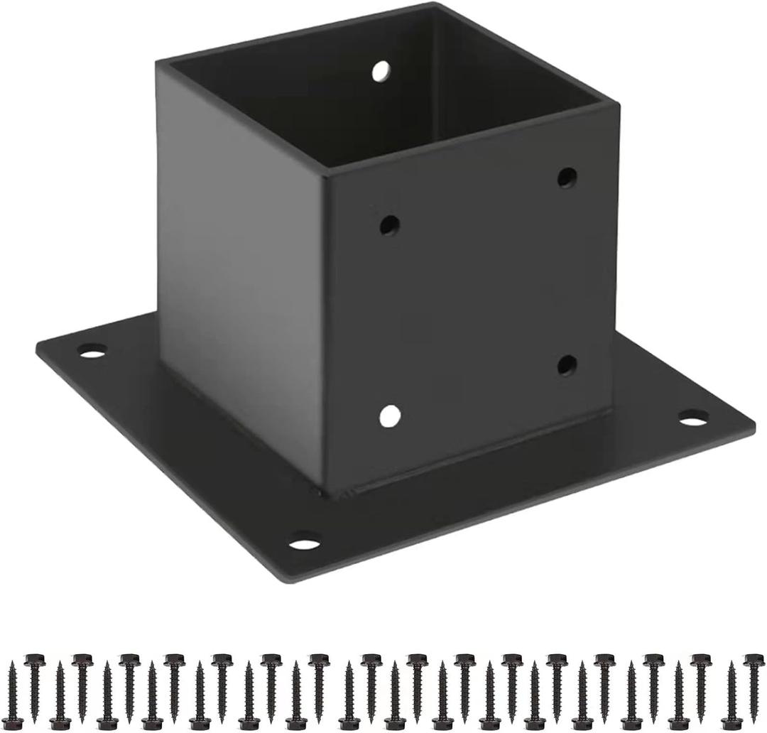 44 Post Base, Deck Post Brackets, Inner Size 3.5"x3.5" Thick Steel Fence Post Anchor Base, Heavy Duty Metal Black Powder Coated, for Supports Porch Railing Post Holders Pergola Brackets Kit