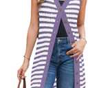 BLENCOT Women's V Neck Striped Fall Sweater Vest Causal Sleeveless Button Cardigan Midi Cover Up Tank Dresses (White, S)