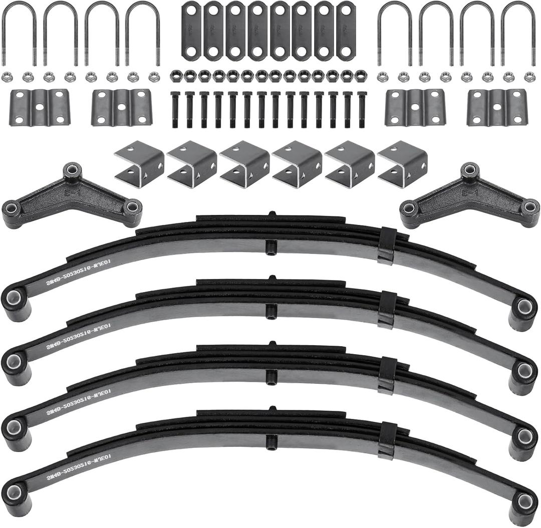 Youxmoto 4 Leaf Springs 1750 lb for 3500lb Tandem Trailer Axle Suspension; U-Bolt & Hanger Kit; 2 Pairs of Trailer Leaf Spring Double Eye, 25-1/4" L, 1-3/4" Width, 9/16 Eye I.D (2 Bushings)