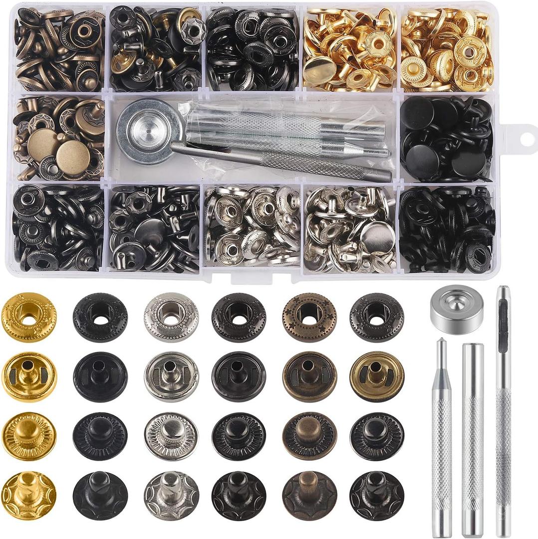 132 Sets Leather Snap Fasteners Kit, MSDADA 12.5 mm Metal Button Snaps Press Studs with 4PCS Fixing Tools, Sewing Snaps for Clothes Leather Craft Bracelets Jeans Wears Jackets Bags Belt