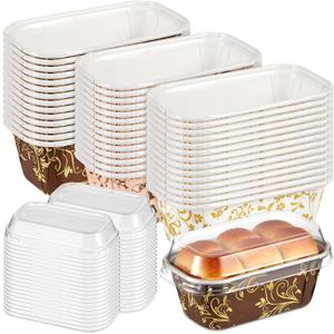 Baderke 60 Pcs 3.1 x 1.5 x 1.5 Inches Mini Paper Loaf Pan Disposable Baking Pan with Lids Paper Kraft Pans Supply for Valentines Day Cake Bread Oven Loaf Bakery Holiday Gifts