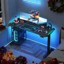 Gaming Standing Desk with LED Lights & Host Shelf, 55" x 24" Gaming Table with Music Sensing APP Control, Underdesk Cable Storage Electric Standing Desk, Black Carbon Fiber PC Table for Home Office