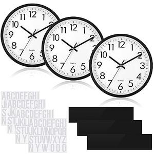 Sasylvia 3 Pcs 10 Inch Wall Clock Battery Operated Round Clock with 3 Pcs Black Acrylic Sheets 4 Sheets of Self Adhesive Vinyl Letter Stickers Alphabet Stickers for School Office Home