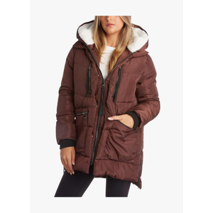 Steve Madden Women's Long Parka - Insulated Quilted Puffer Winter Coat for Women with Faux Sherpa Hood (Sizes: S)