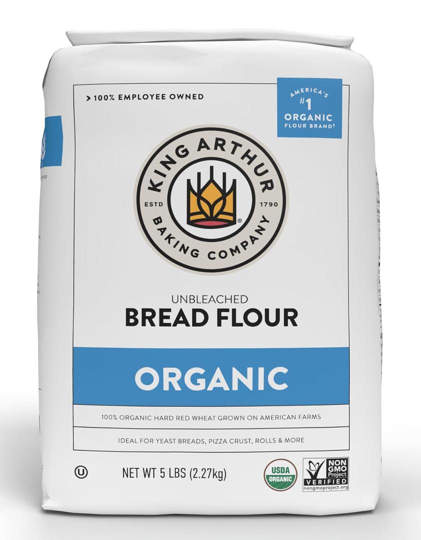 King Arthur Unbleached Organic Bread Flour - High Protein 12.7% for Lofty Yeasted Breads, Non-GMO, Kosher Certified - Premium Baking Flour for Artisan Loaves, Pizza Dough, and Sourdough (5 lbs) (80 Ounce (Pack of 1))