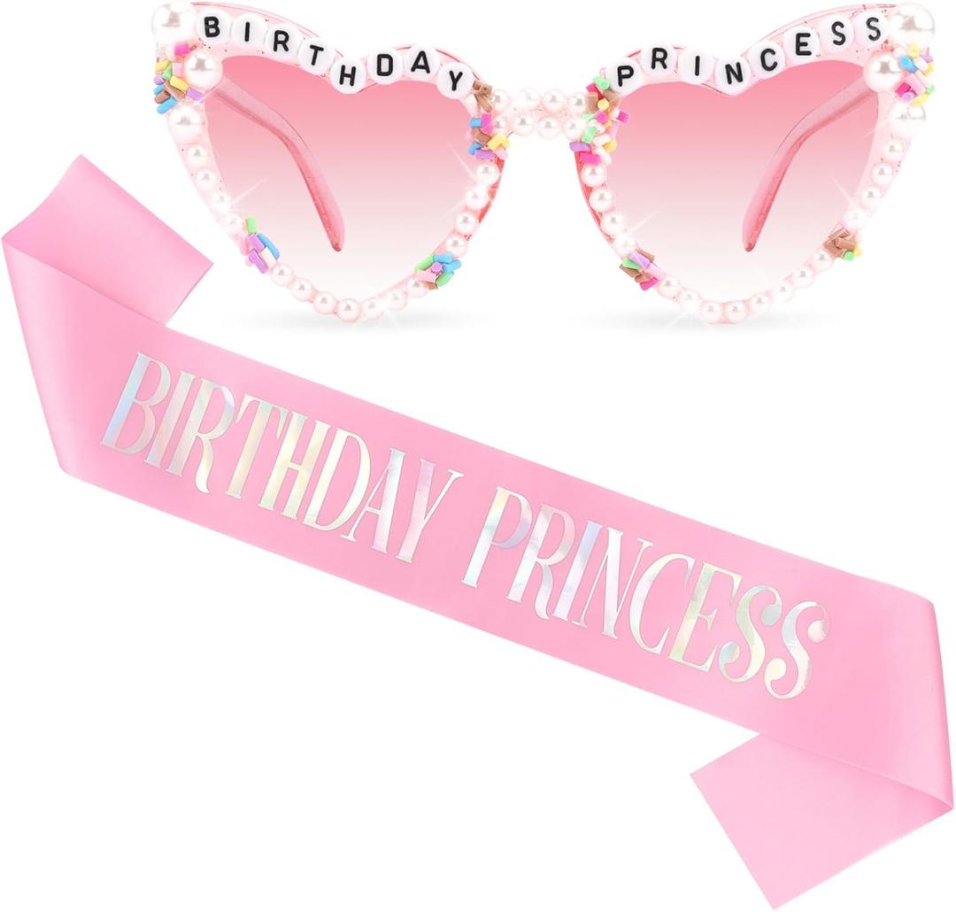 Birthday Girl Sash Birthday Princess Sash for Girls Women with Pink Birth day Glasses, Birth day Decorations for Women Girls Happy Birth day Party Supplies Accessories