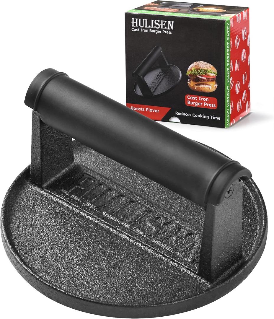 HULISEN Pre-Seasoned Cast Iron Burger Press, Heavy Duty 6 inch  Burger Smasher for Griddle with Heat Resistant Handle, Grill Press for Hamburger, Bacon, Meat, Steak, Patty, Barbecue Grilling Tool, 2.3lb