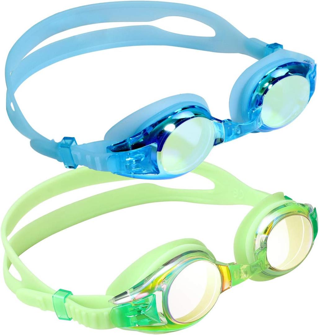 Aegend 2 Pack Kids Goggles, Swimming Goggles for Kids Age 4-16 Boys and Girls Youth, Anti-Fog Waterproof Anti-UV Pool Goggles (Blue Light & Green)
