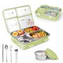 SAYAPE Stainless Steel Adult Lunch Box, 28.7oz 4-Compartment Metal Bento Box Kids Snack Containers with 5oz Soup/ Condiment Cup, Food Storage Containers with Utensils and Cleaning Brush Set - Green