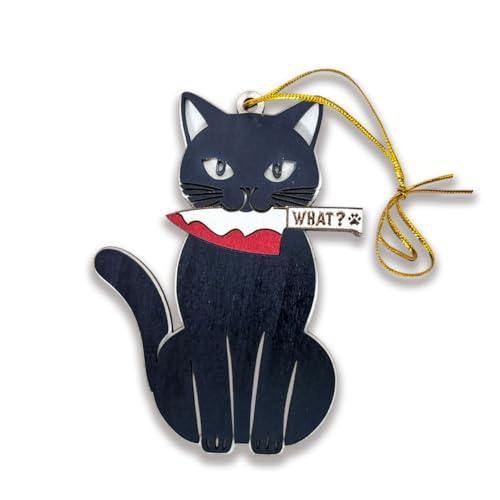 Black Cat What Wooden Christmas Ornament - Fun Black Kitten Holiday Decoration for Kitten Owners - Festive Tree Ornament with Cat in a Christmas Tree Design, Black Cat What Christmas Ornament
