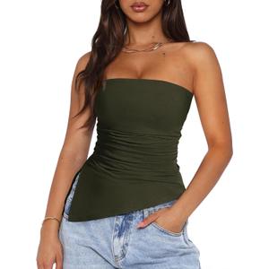PRETTYGARDEN Tube Tops for Women Trendy Summer 2026 Spring Fashion Going Out Y2K Clothes Asymmetrical Ruched Strapless Shirts (Green)