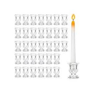 Threlaco 12 Sets Glass Clear Taper Candlestick Holder Bulk 12 Pcs Small Candle Holders 12 Pcs White Long Candle Table Centerpiece Decor for Wedding Holiday Birthday Party Favor(Clear)