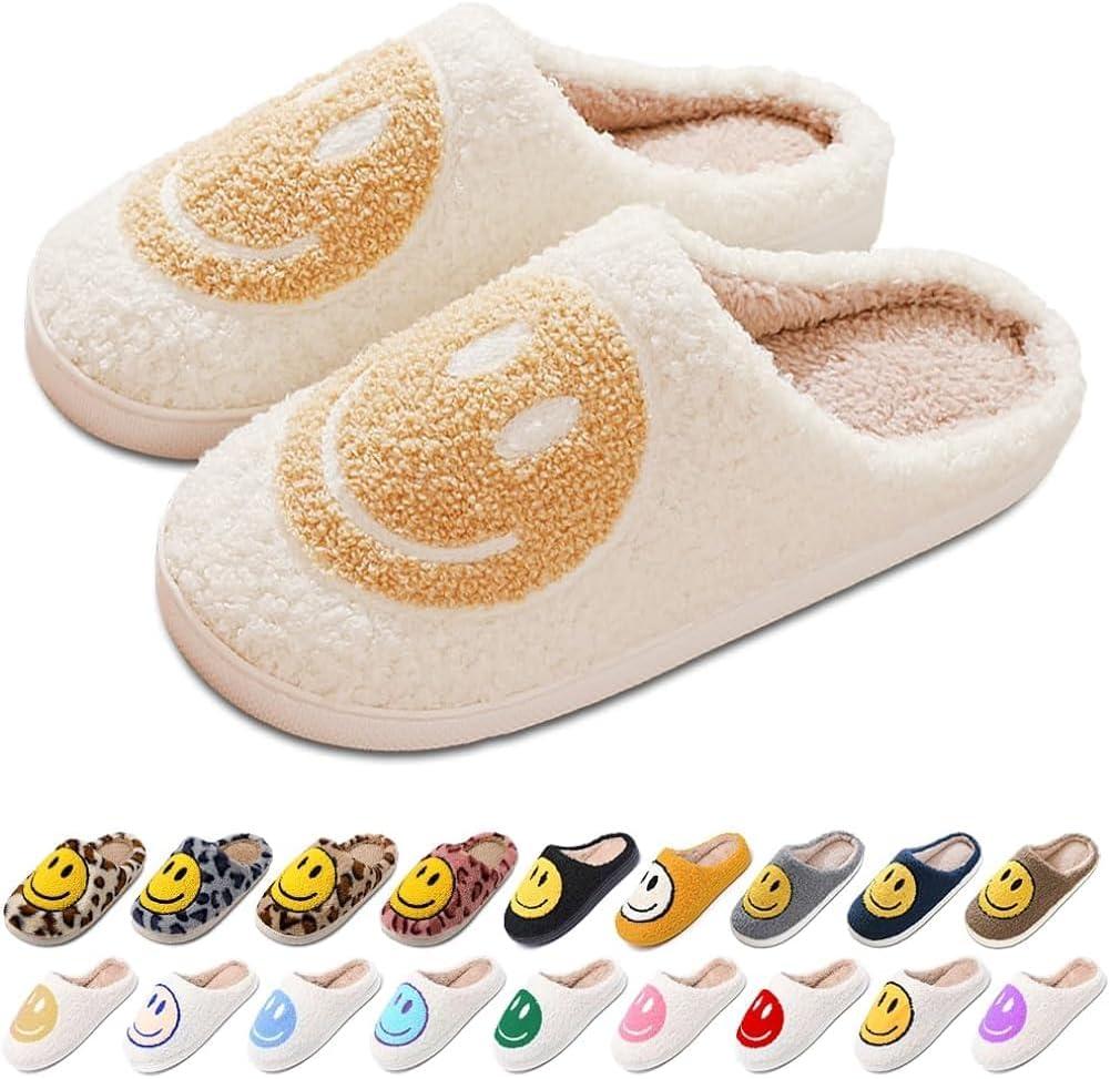 Women's Men's Retro Face MAMA Comfy Warm Plush Slip-On House Slipper for Winter Indoor Soft Cushion Non-slip Fluffy Slides (White)
