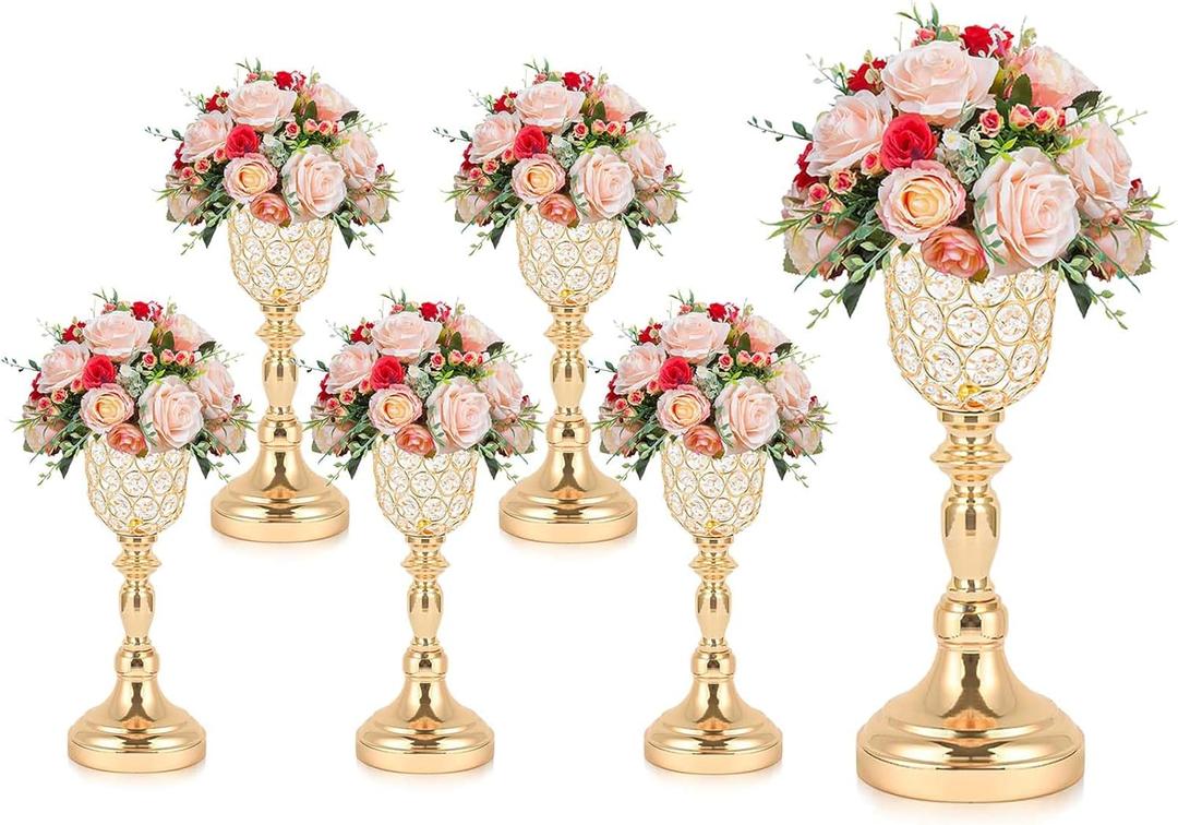 6Pcs Elegant Crystal Trumpet Metal Centerpiece Vases, Wedding Table Decoration Flower Stand Tulip Shape Decor Artificial Flower Arrangement Vase for Wedding Restaurant Vase Home Decor (Gold)