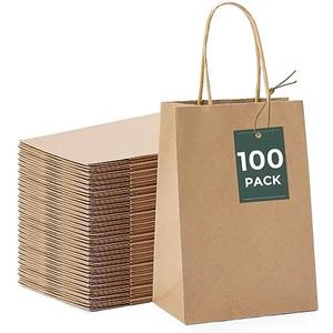 GSSUSA 100 Pack Paper Gift Bags 5.25x3.75x8 Inch Small Brown Paper Bags with Handles Bulk, Brown Kraft Bag for Small Business, Sturdy Grocery Retail Shopping Birthday Party Favor Craft Bag （Made in USA）