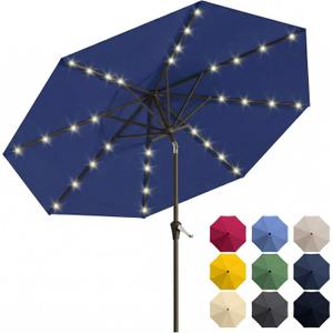 Patio Kingdom 10FT Solar Patio Umbrella with Lights, Outdoor Table Market Umbrella with 32 LED Lights, 8 Sturdy Ribs, Push Button Tilt and Crank for Pool, Deck and Garden, UV-Resistant Navy