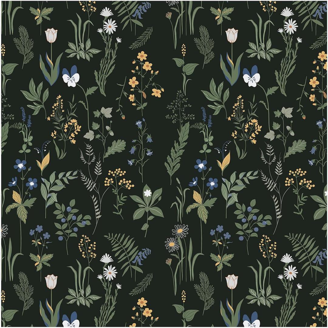 Removable Peel and Stick Wallpaper Boho 17.5 x 393 in Floral Bedroom Bathroom Easy Peel Off Stick on Wallpaper Contact Paper Renter Friendly Wall Paper (Dark)